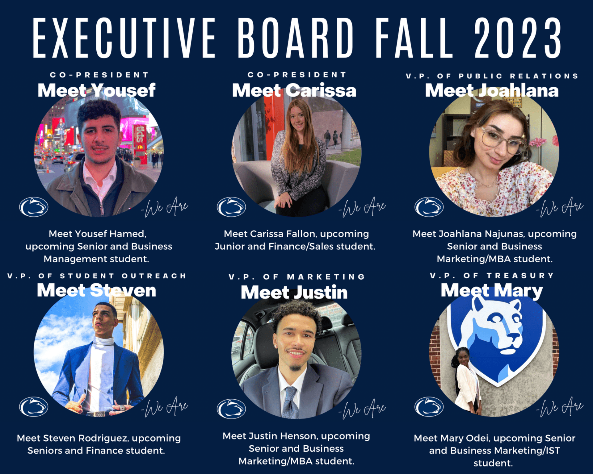 Picture of our Executive Board for Fall 2023; Yousef Hamed, Carissa Fallon, Joahlana Najunas, Steven Rodriguez, Justin Henson, Mary Odei.