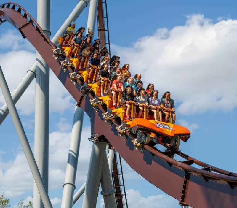 Park guests ride the Candymonium roller coaster at Hershey Park.